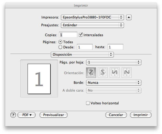 Pantalla del driver de la impresora para imprimir hoja de muestras del Colormunki en Mac OS X