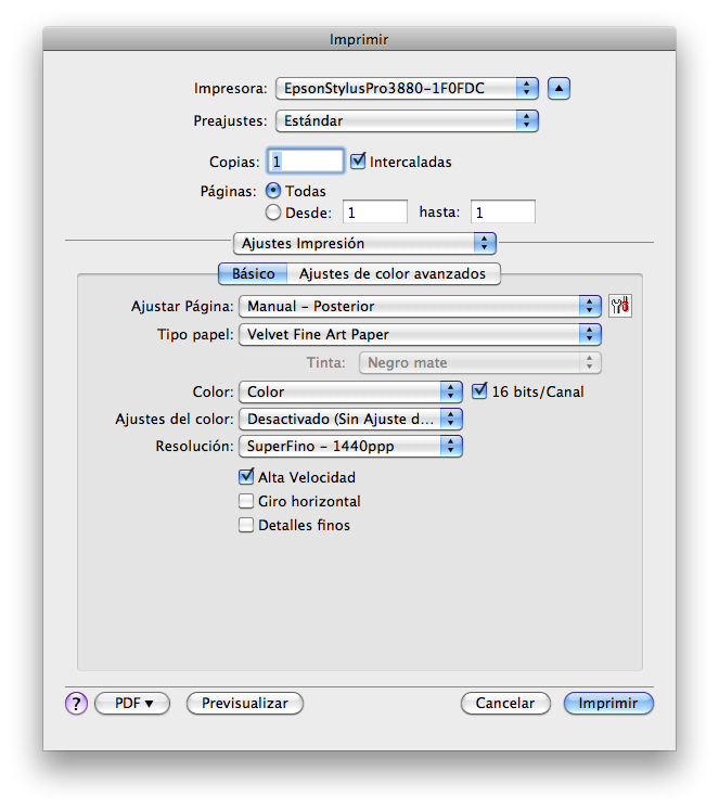 Pantalla de ajustes de impresión del driver de Epson para Mac OS X durante el perfilado de papel con el X-Rite Colormunki