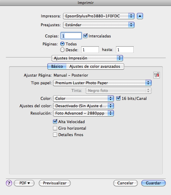Seleccionando los parámetros de impresión en Adobe Lightroom